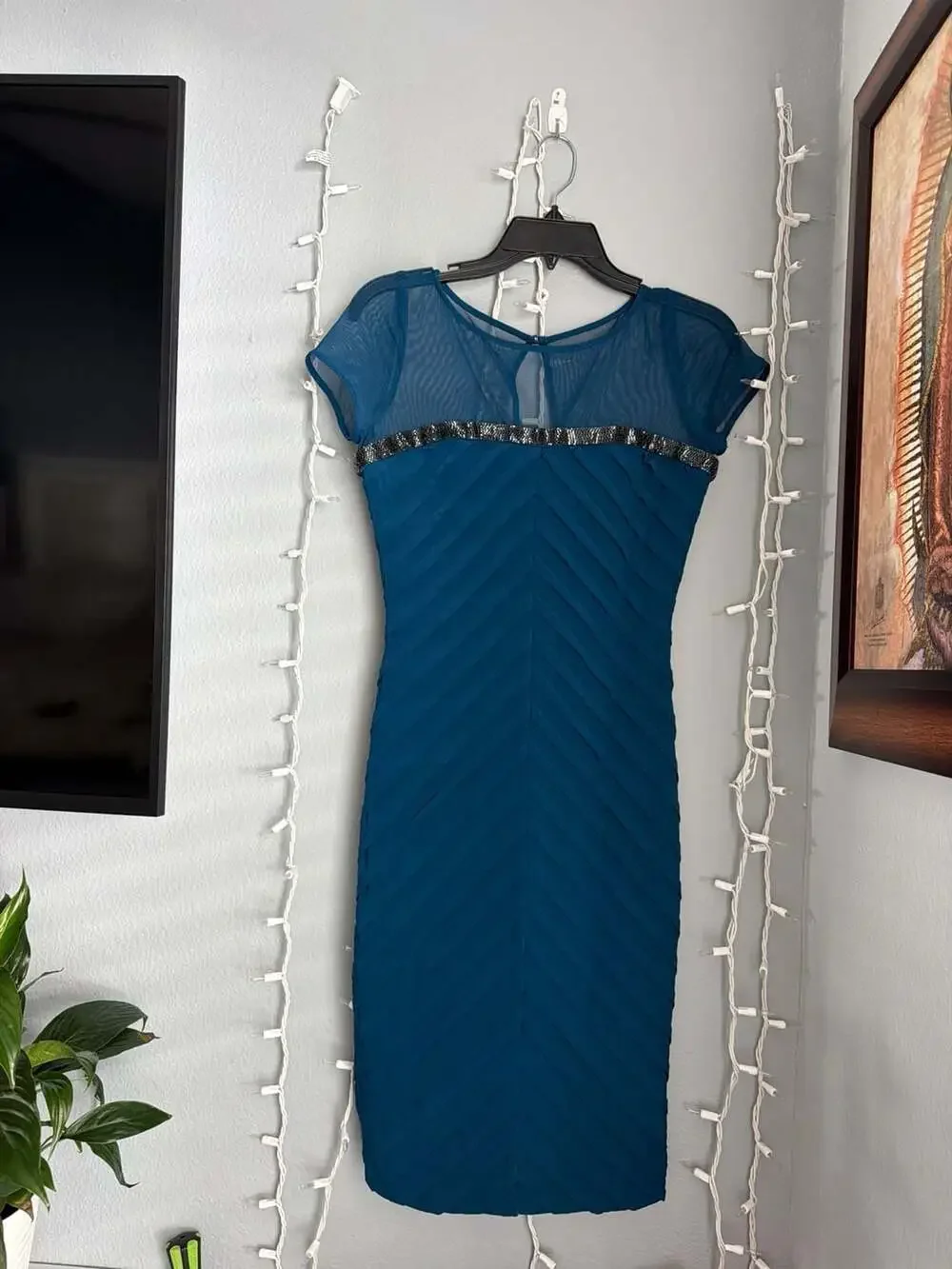 Calvin Klein Teal Mesh Yoke Beaded Chevron Pleated Sheath Dress - Picture 1 of 12